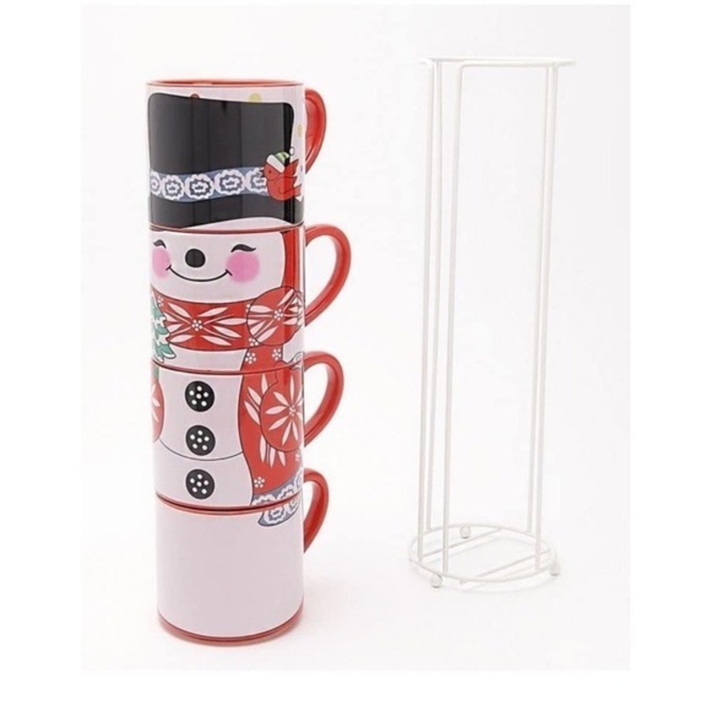 Temptations Snowman‎ Stackable Coffee Mugs Cups 4 with rack. Brand new!